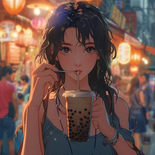 anime woman drinking boba tea --v 6.0 --s 250