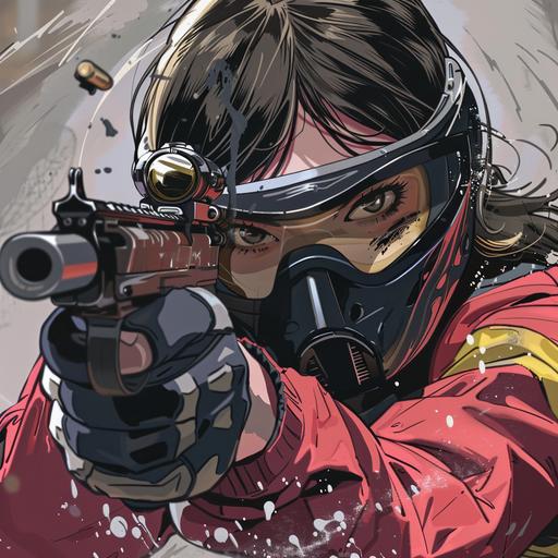 anime woman playing paintball, speedball gear, full face mask, paintball gun with hopper on top