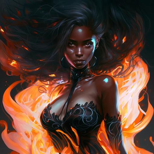 anime woman wearing a black skin tight dress, background is flames