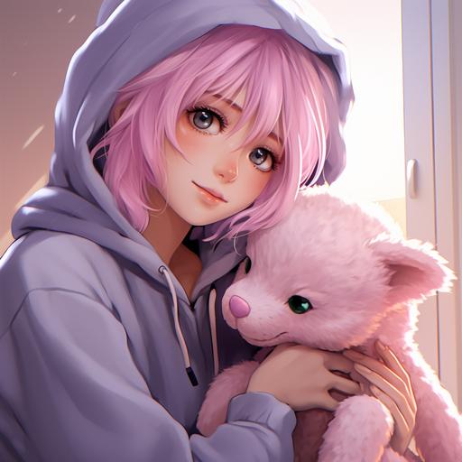 anime, young women, pink hair, pink hoodie with cat ears, holding a stuffed dinosaur, young man, white hair, purple hoodie, hugging her from behind,