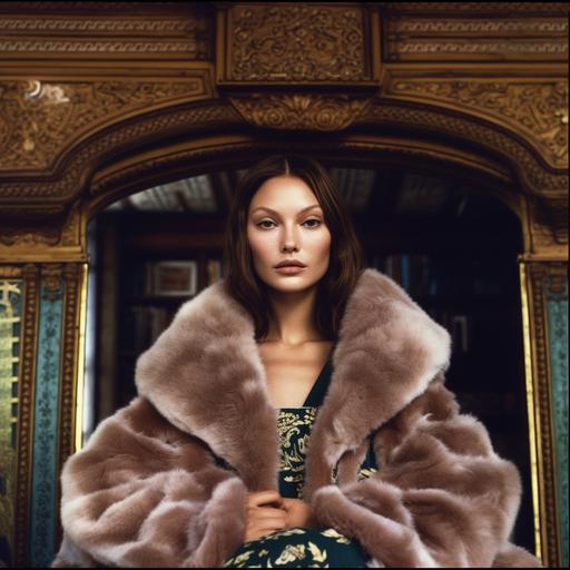 annie leibovitz photo of bella hadid wearing a fancy robe with fur on the end of the sleeves in a 1970s mansion