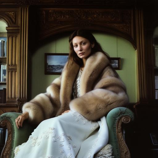 annie leibovitz photo of bella hadid wearing a fancy robe with fur on the end of the sleeves in a 1970s mansion