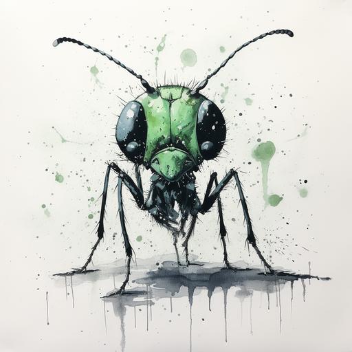 ant , horror, minimalist, draw, black and green palette