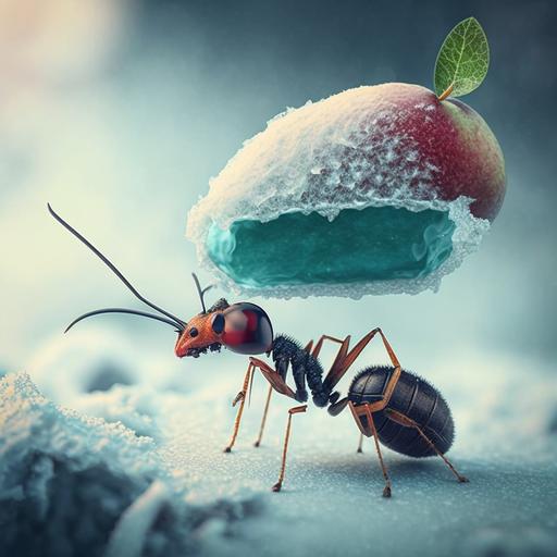 ant carrying food in the winter next to the grasshopper