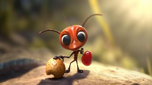 ant carrying food, sunny day, illustration, pixar style, high quality, 4k, --ar 16:9 --chaos 2 --v 5 --s 250