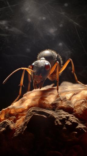 ant close-up lost on a painted scagliola, scary forest background, despair, decay, full moon, cloudy, scattered lantern light, ARRI, 400mm, 32k, f4 --ar 9:16