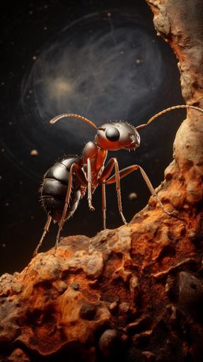 ant close-up lost on a painted scagliola, scary forest background, despair, decay, full moon, cloudy, scattered lantern light, ARRI, 400mm, 32k, f4 --ar 9:16