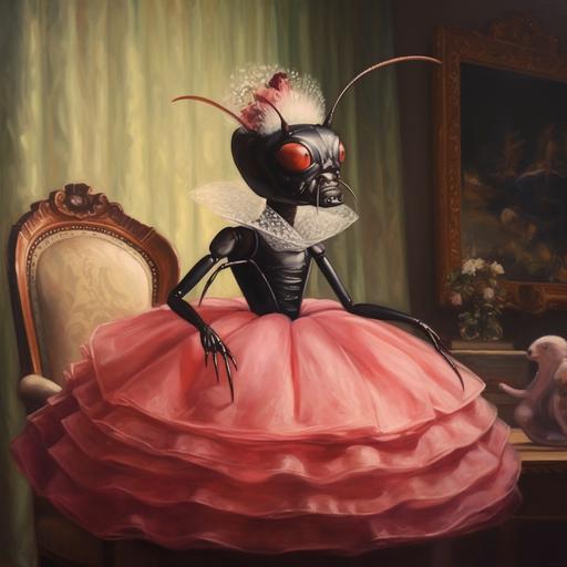ant in a dress, Quinceañera dress, mafia, fancy, beautiful, at a party, oil painting --v 5.1