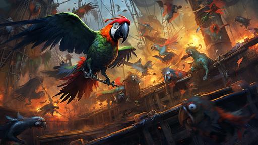 anthromorphic bird pirates crows against the parrots with vibrant plumage in a scene silly swashbuckling battle, pirate sailing ships at sea, crazy action, canons, swinging from rigging, fire, explosions, cartoon illustration, colored ink, vivid colors --ar 16:9