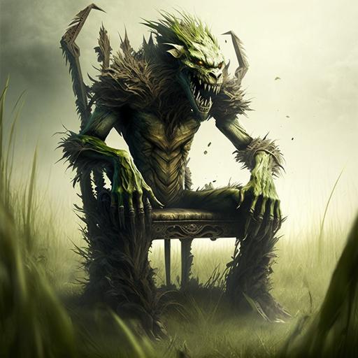 anthromorphic chair monster made of grass, roaring, big sharp teeth, chasing people, by Raymond Swanland u 2