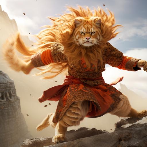 anthropomorphic, Male orange long hair cat wearing tang dynasty’s clothes, jumping to air, kick, Combat posture, with a super big giant Chinese dragon behind,kongfu, open mouth,Emotional facial expressions, red yellow gold amber, intense light and shadow, movie still ,creating a composition full of dramatic tension