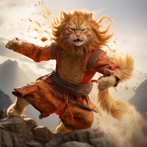 anthropomorphic, Male orange long hair cat wearing tang dynasty’s clothes, jumping to air, kick, Combat posture, with a super big giant Chinese dragon behind,kongfu, open mouth,Emotional facial expressions, red yellow gold amber, intense light and shadow, movie still ,creating a composition full of dramatic tension