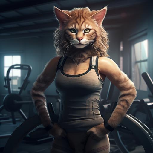 anthropomorphic attractive female cat posing in the gym