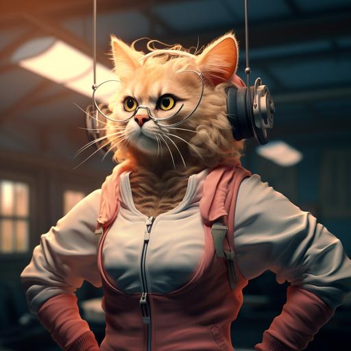 anthropomorphic attractive female cat posing in the gym