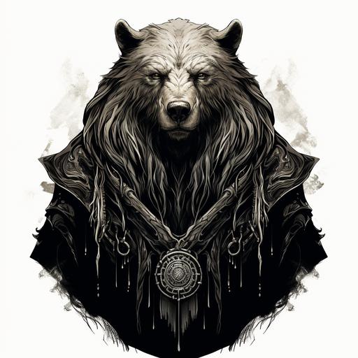 anthropomorphic bear druid tattoo, stencil, dnd, black and white, minimalistic, dark fantasy, bloodborne, in the style of Mirko Failoni