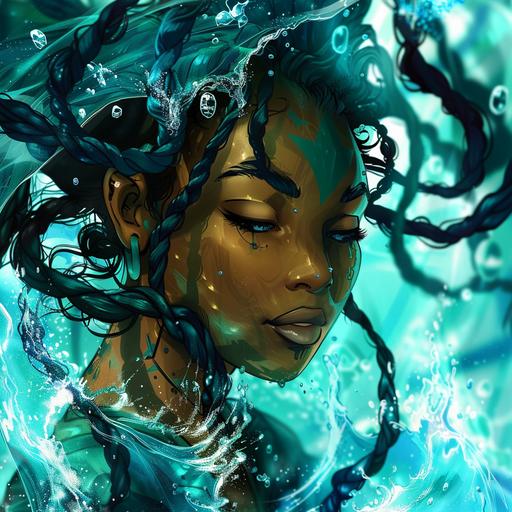 anthropomorphic, beauty a black woman , dread locs hair , skin a glossy, water bender, Avatar: The Last Airbender, background water