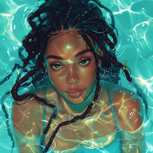 anthropomorphic, beauty a black woman , dread locs hair , skin a glossy, water nation, water bender, Avatar: The Last Airbender