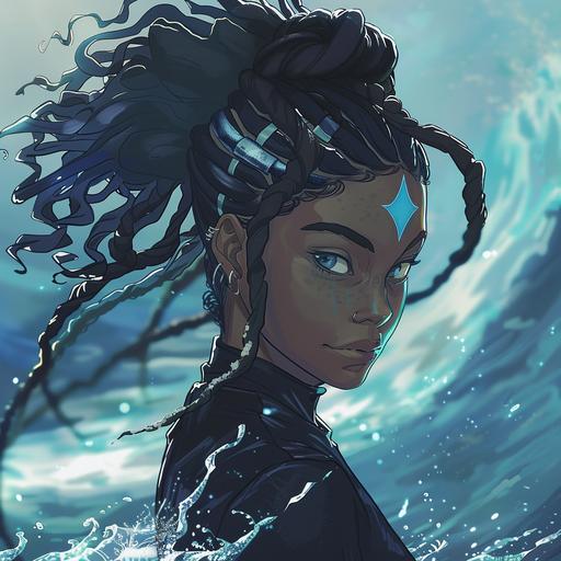 anthropomorphic, beauty a black woman , dread locs hair , skin a glossy, water bender, Avatar: The Last Airbender, background water