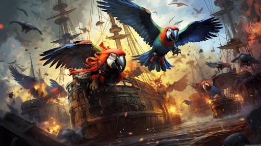 anthropomorphic bird pirates crows against the parrots with vibrant plumage in a scene silly swashbuckling battle, pirate sailing ships at sea, crazy action, canons, swinging from rigging, fire, explosions, cartoon illustration, colored ink, vivid colors --ar 16:9
