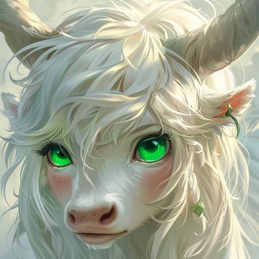 anthropomorphic bovine female with jade green eyes, long white hair and white fur, bovine face, zootopia style --v 6.0