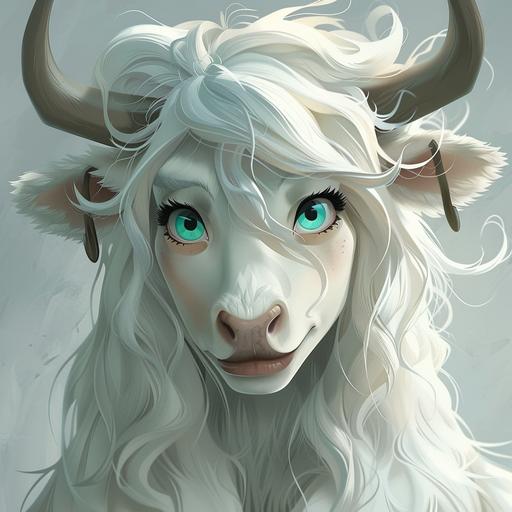 anthropomorphic bovine female with jade green eyes, long white hair and white fur, bovine face, zootopia style --v 6.0