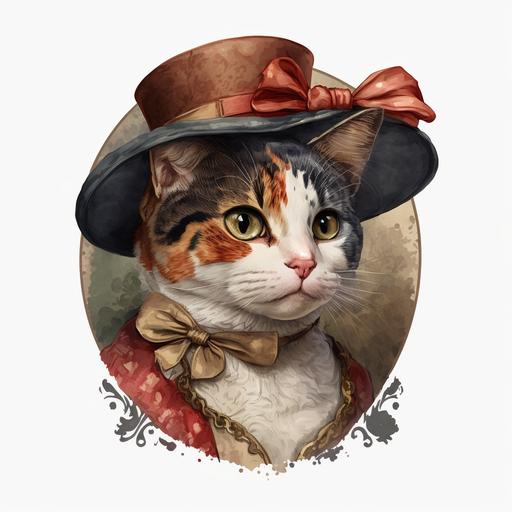 anthropomorphic calico cat with a red berey hat and a red bow in the style of beatrix potter --v 4