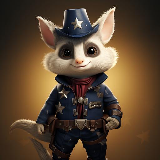 anthropomorphic cartoon style possum, blue eyes, wearing an American Old West style sheriff's outfit, he's wearing oversized boots and sheriff's star badge