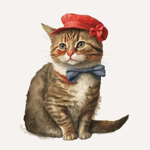 anthropomorphic cat with a red berey hat and a red bow in the style of beatrix potter --v 4