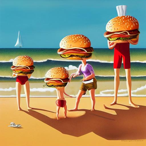 anthropomorphic cheese burger family at the beach --creative --test --v 3 --upbeta