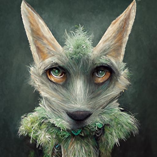 anthropomorphic coyote with mintgrey fur, big green eyes, furry art, digital art, portrait