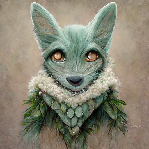 anthropomorphic coyote wtih mintgrey fur, big green eyes, furry art, intricately detailed, cute smile