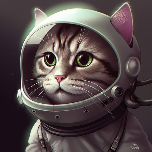 anthropomorphic depiction of a confused, mischevious tabby dog with a semi-realistic art style, soft shading, fine details, and realistic textures, wearing a space helmet. Kitten has a rambunctious expression and green #6BD9B6 expressive eyes looking at the camera. Make ear holes for the cat's ears to stick out of the helmet. Make the space helmet orange instead of white --v 5.0