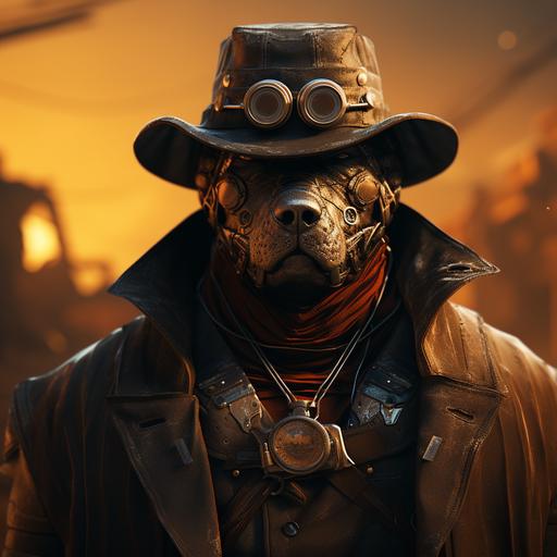 anthropomorphic, half man (gunslinger) half american pit bull wearing a cowboy hat , epic, samurai :::: stunning 3d render inspired art by Renato muccillo and Andreas Rocha and Johanna Rupprecht + symmetry + natural volumetric lighting, 8k octane beautifully detailed render, post-processing, highly detailed, intricate complexity, epic composition, wild west desert atmosphere, cinematic lighting + masterpiece, trending on artstation --s 250