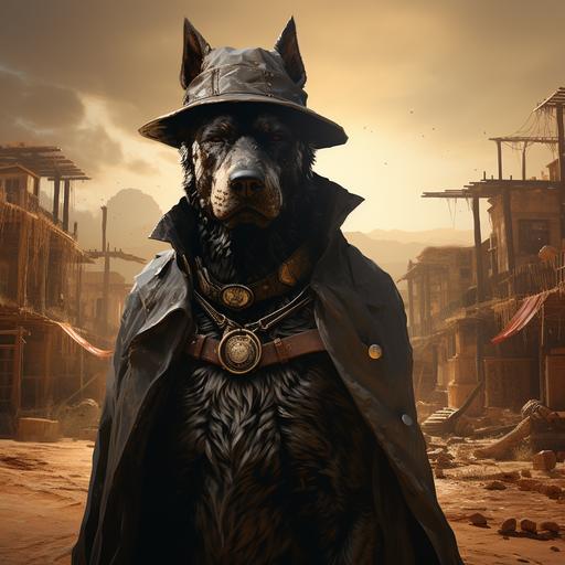 anthropomorphic, half man (gunslinger) half american pit bull wearing a cowboy hat , epic, samurai :::: stunning 3d render inspired art by Renato muccillo and Andreas Rocha and Johanna Rupprecht + symmetry + natural volumetric lighting, 8k octane beautifully detailed render, post-processing, highly detailed, intricate complexity, epic composition, wild west desert atmosphere, cinematic lighting + masterpiece, trending on artstation --s 250