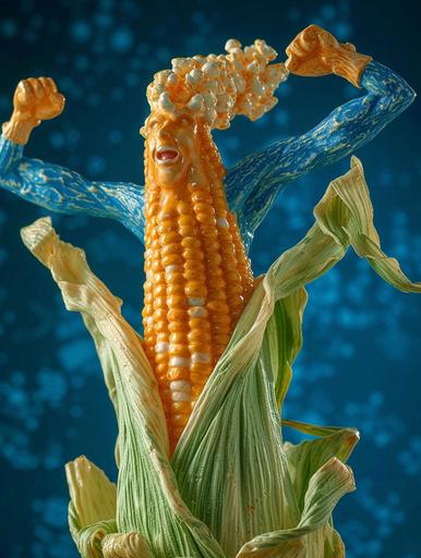 anthropomorphic hyperpopcorn on the cob flexing muscles --weird 50 --v 6.0 --ar 3:4