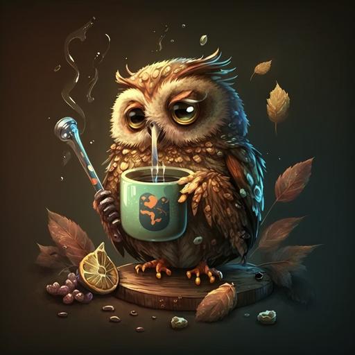 anthropomorphic owl is sick and drinking hot tea and thermometer in the mouth and there is a mess on the background --s 750