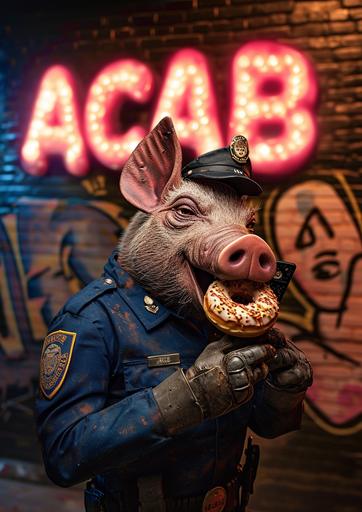 anthropomorphic pig policeman eating a donut on the street, Hideous face, the word 