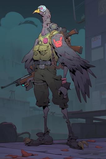 anthropomorphic pigeon zombie with feathered arms, skinny, wearing a tactical vest, tattered feathers, action pose, abandoned industrial park in the background, in the style of Batman: The Animated Series --ar 2:3 --style expressive --niji 5 --v 5