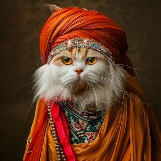 anthropomorphic red-point Persian cat vampire dressed in traditional Ancient Persian clothes