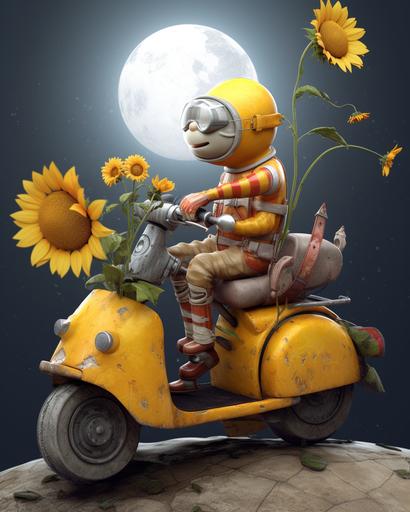 anthropomorphic sunflower guerrilla garden gnome riding a vespa on the moon --ar 4:5 --v 5