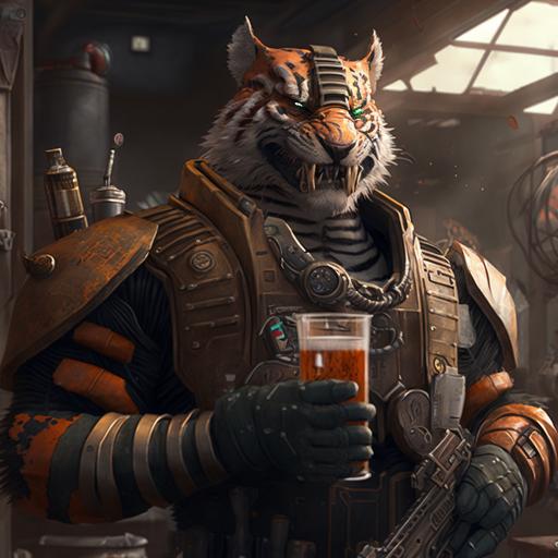 anthropomorphic tiger. The character is wearing a space marine heavy armor painted with flashy orange and black camo. shotgun in his hands. rocket launcher in his back. very happy. cigar in the mouth. mouth opened with visible tiger teeth. he look away of the camera. background is a sci-fi bar. Canon Eos 5D mark VI, ultra detailed fur
