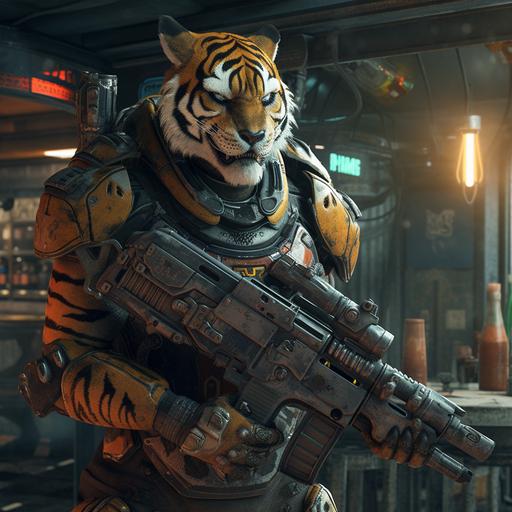 anthropomorphic tiger. yellow eyes. The character is wearing a sci-fi heavy armor painted with flashy orange and black camo. shotgun in his hands. rocket launcher in his back. very happy. cigar in the mouth. mouth opened with visible tiger teeth. he look away of the camera. background is a sci-fi bar. Canon Eos 5D mark VI, ultra detailed fur 8K --q 2 --s 250 --v 5