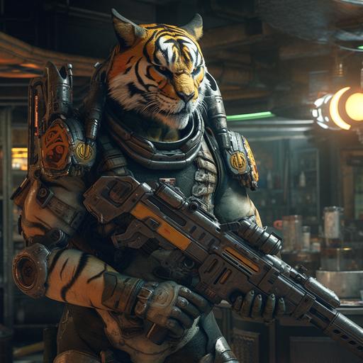 anthropomorphic tiger. yellow eyes. The character is wearing a sci-fi heavy armor painted with flashy orange and black camo. shotgun in his hands. rocket launcher in his back. very happy. cigar in the mouth. mouth opened with visible tiger teeth. he look away of the camera. background is a sci-fi bar. Canon Eos 5D mark VI, ultra detailed fur 8K --q 2 --s 250 --v 5