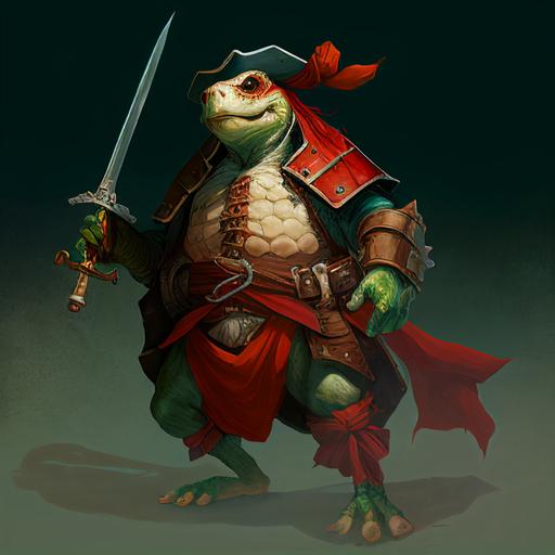 anthropomorphic turtle full body portrait, old d&d tortle male, pirate captain outfit, battle-scarred, holding two magical swords, big pirate ship with red sails, smiling --v 4 --q 2