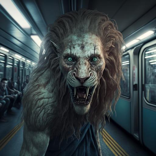 anthropomorphic zombie lion. Zombie horror lion. chasing people in a subway. 4k realistic. horror.