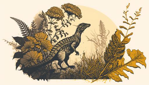 antique botanical illustrations, native flowers :: silhouette of a dinosaur --ar 16:9 --q 4