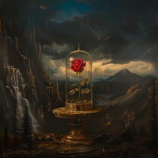 antique old romantic renaissance oil painting of a red rose in a glass dome, detailed oil on canvas traditional artwork, muted, moody --v 6.0