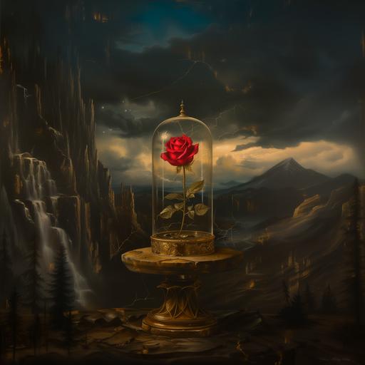 antique old romantic renaissance oil painting of a red rose in a glass dome, detailed oil on canvas traditional artwork, muted, moody --v 6.0