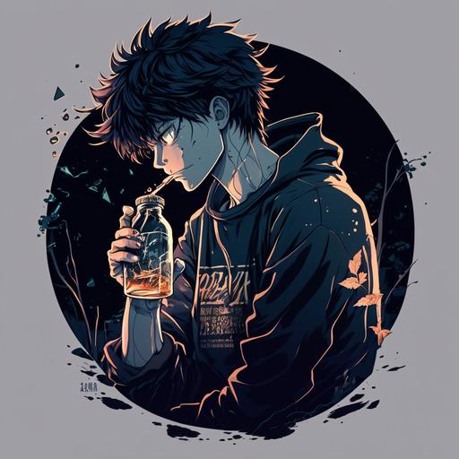 depressed anime character lighting a cigarette in his mouth and holding a bottle of alcohol in his hand. Highly definited illustration, to put on a shirt