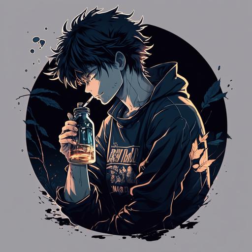 depressed anime character lighting a cigarette in his mouth and holding a bottle of alcohol in his hand. Highly definited illustration, to put on a shirt